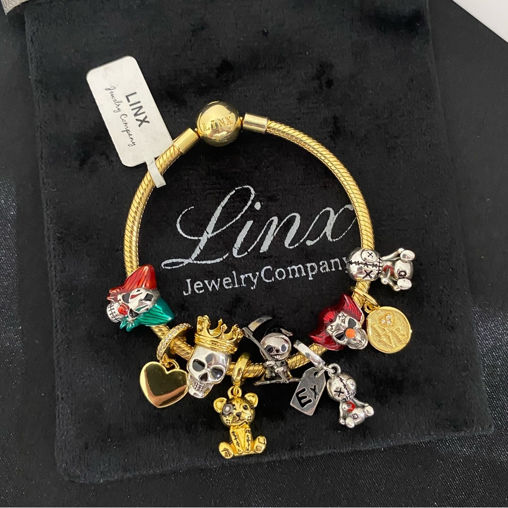 Linx Yellow Gold Bracelet with Skull Voodoo Doll and Scary Clown Themed Charms